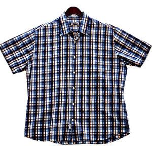 Peter Millar Men's Shirt Short Sleeve Button Up Navy Blue Checkered Pattern XL